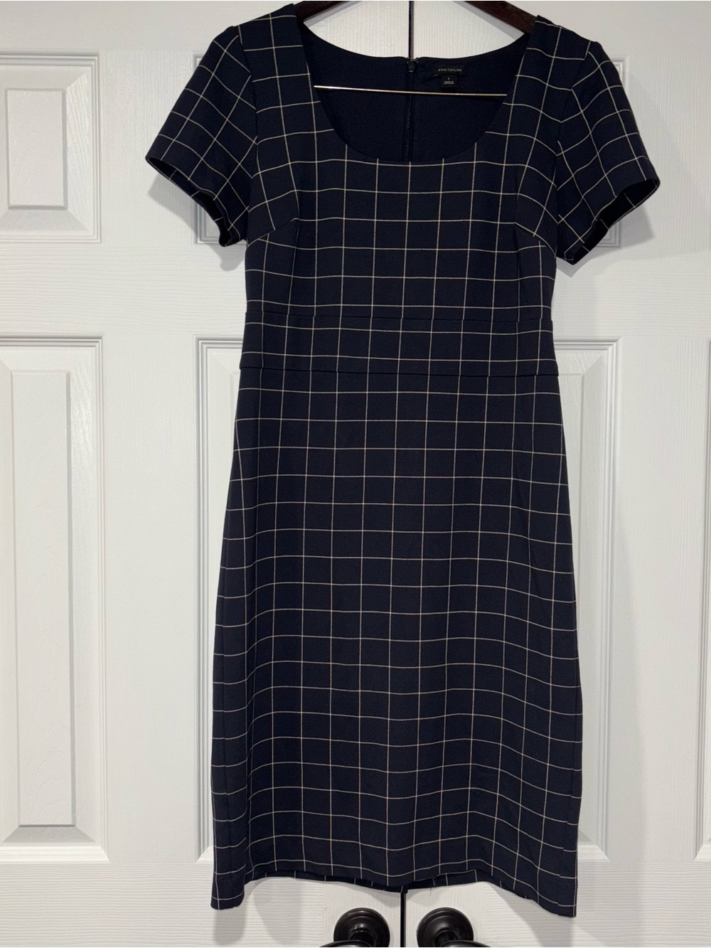 Ann Taylor Black & Tan Sheath Dress with White Windowpane Short Sleeve Size 6